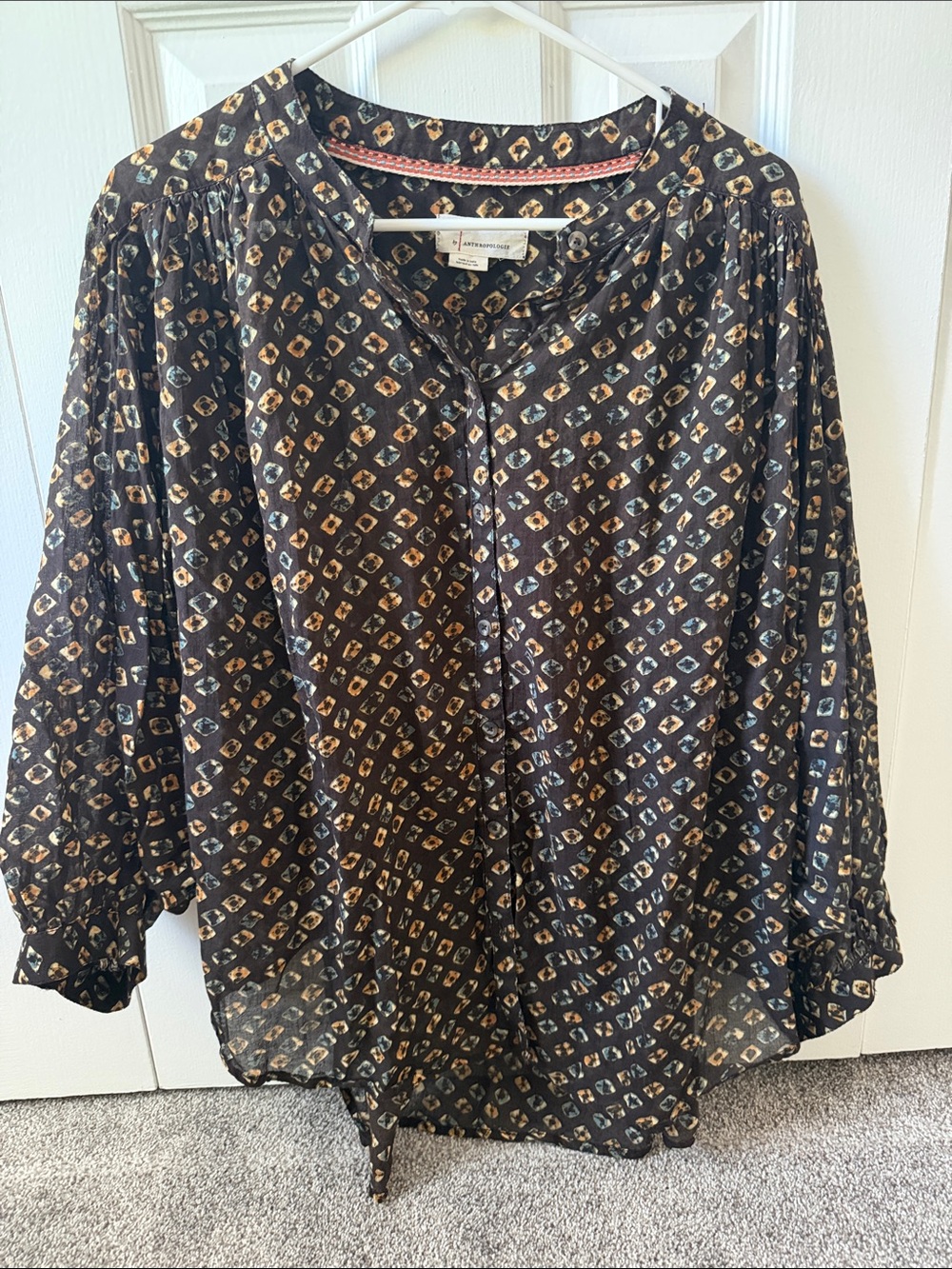 Anthropologie Brown Geometric-Print Button Front Blouse
